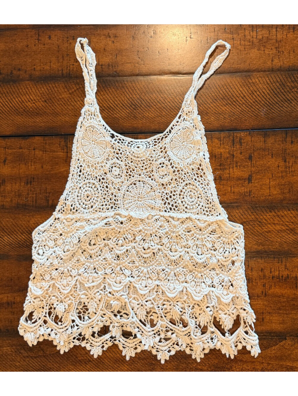 Teenbell Cream Crochet Lace Boho Top Short Sleeve One Size Ivory Swimsuit Cover